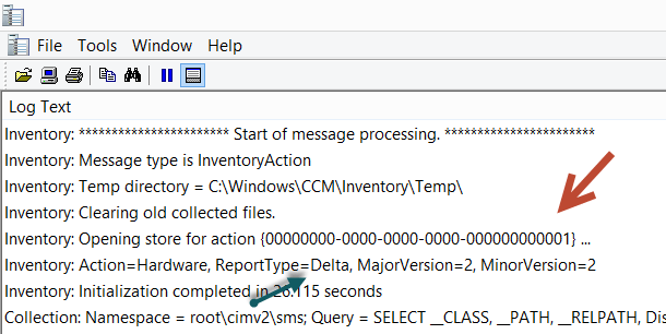 SCCM Inventoryagent.log che mostra l'inventario delta per l'inventario hardware