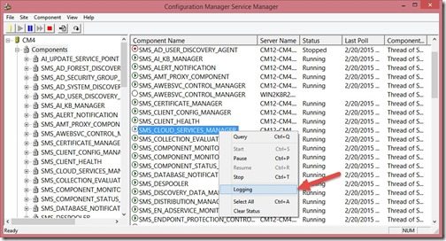 Configuration Manager Service Managerin käyttäminen lokitiedoston koon muuttamiseen - Kirjaaminen
