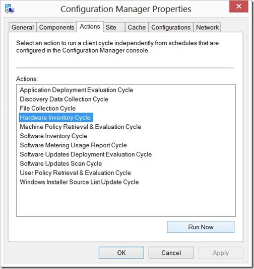 Troubleshoot ConfigMgr hardware inventory issues - Phase 1 - Actions Tab