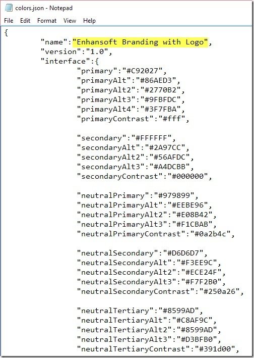 How Do You Configure and Import the SSRS Brand Package-5 Main Sections of colors-json File