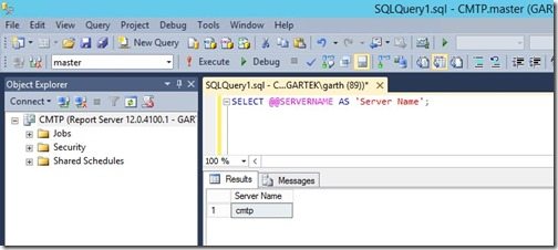 Como renomear um servidor Windows quando o SQL Server e o WSUS já estão instalados - Resultado da consulta de nome do SQL Server