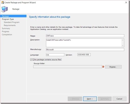 Configuration Manager Deployment Test 2-Crea pacchetto e programma Wizard-Package