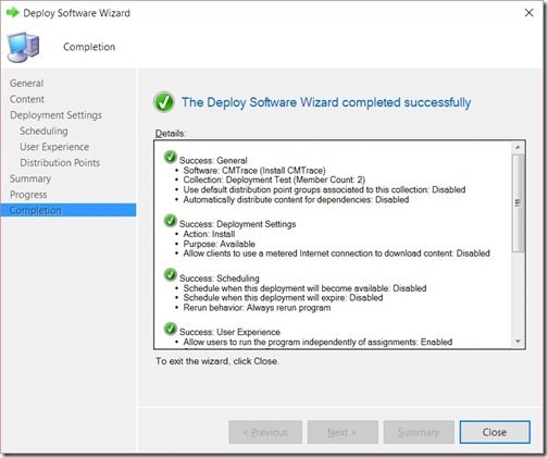 Configuration Manager Deployment Test 2-Deploy Software Wizard-Completion
