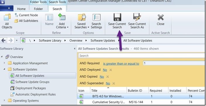 Cómo determinar qué actualizaciones de software se requieren dentro de ConfigMgr-Guardar búsqueda actual