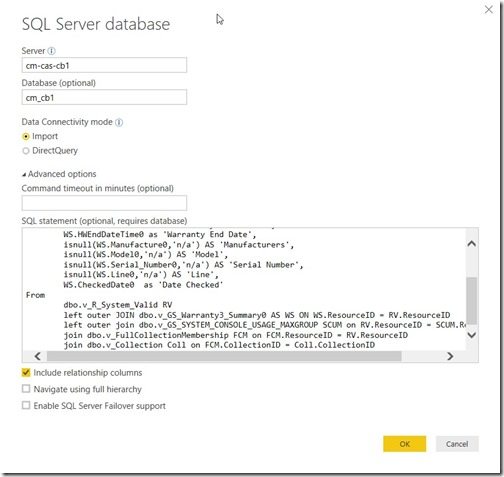 Getting Started with Power BI Desktop and SCCM-SQL Statement
