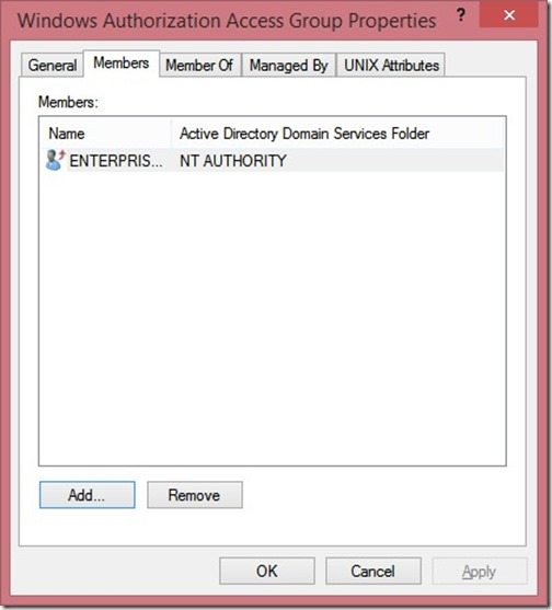 Propiedades del grupo de acceso de autorización de Windows: ficha Miembros