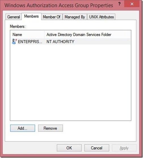 Windows Authorization Access Group Properties - Members Tab Windows Authorization Access Group Properties - Members Tab
