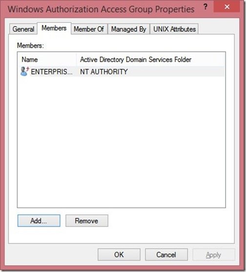 Windows Authorization Access Group Properties - Members Tab