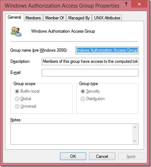 Propiedades del grupo de acceso de autorización de Windows