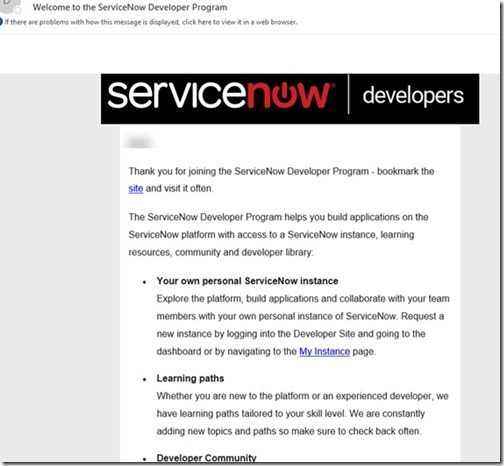 Richiedi un'istanza per sviluppatori ServiceNow - Email