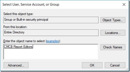 Comience a editar informes SCCM con el Generador de informes: seleccione el grupo AD