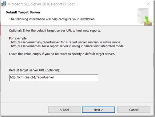 Instalar el Generador de informes: servidor de destino predeterminado