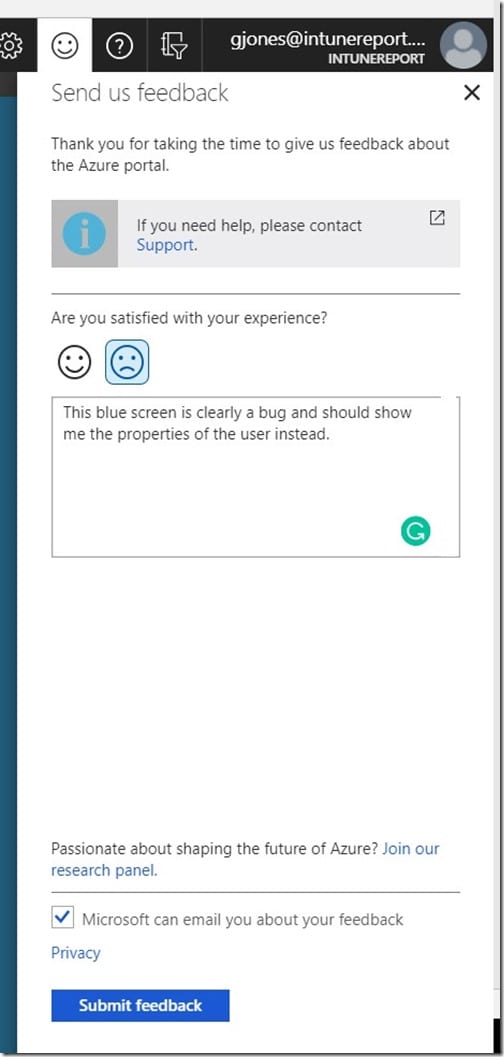 Microsoft Intune - Formulário de feedback preenchido