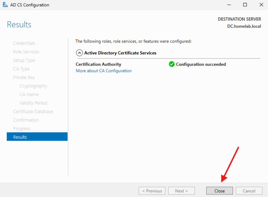 Creating a Certificate Authority - Successful configuration