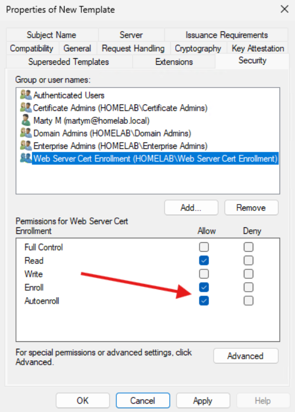 Creating a Certificate Authority - Web server cert enrollment permissions