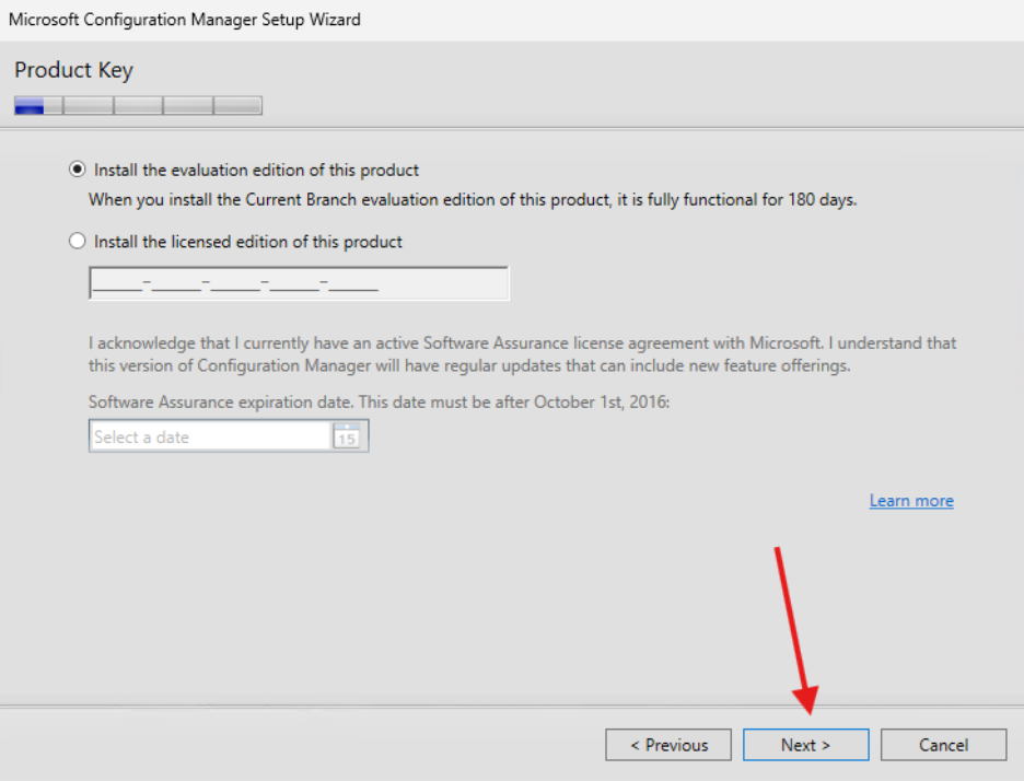 ConfigMgr Install - Product key selection