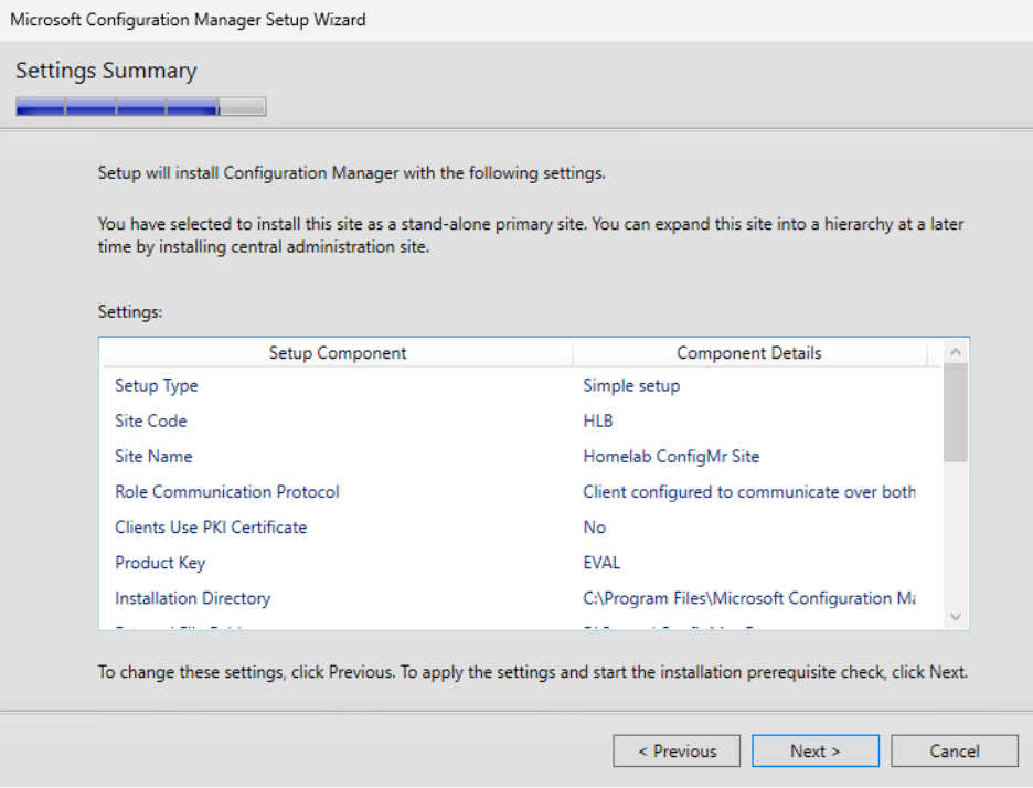 ConfigMgr Install - Settings summary