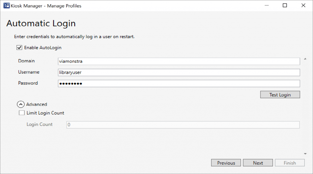 Choose the account that will automatically Logon to the Machine