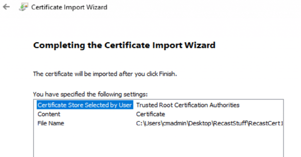 Completing the Certificate Import Wizard