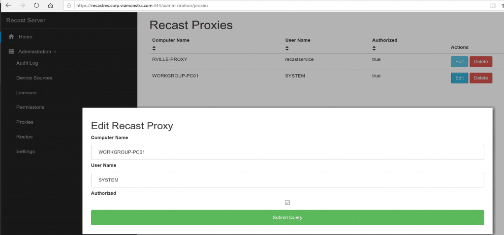 Vaya al portal web del Recast Management Server's y autorice el Proxy