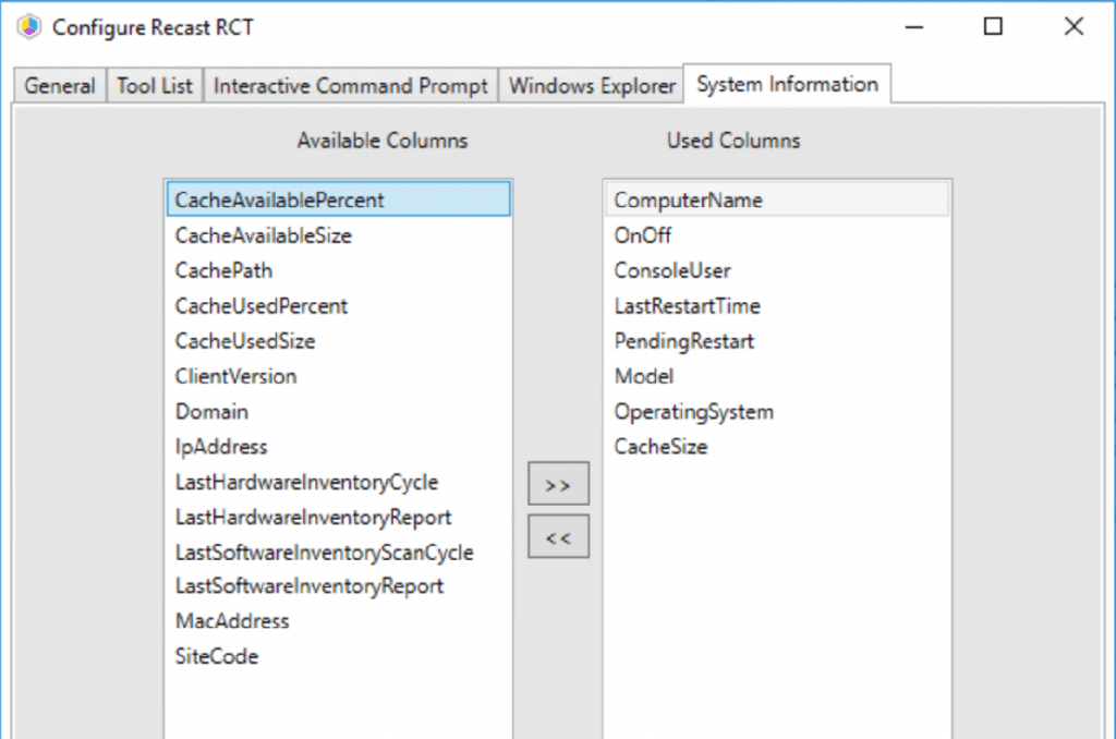 Konfigurera Recast Right Click Tools systeminformation