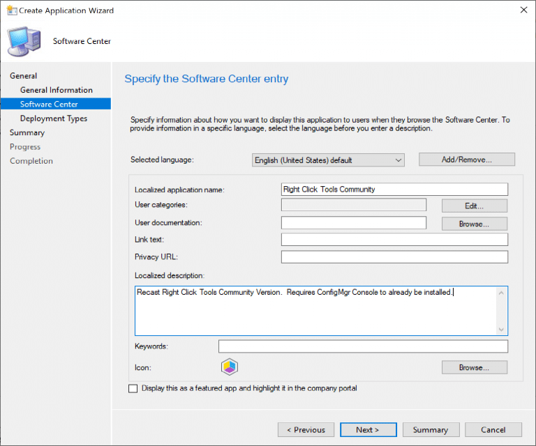 Specify the Software Center entry