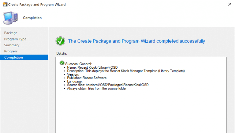 Create a ConfigMgr Package Successful