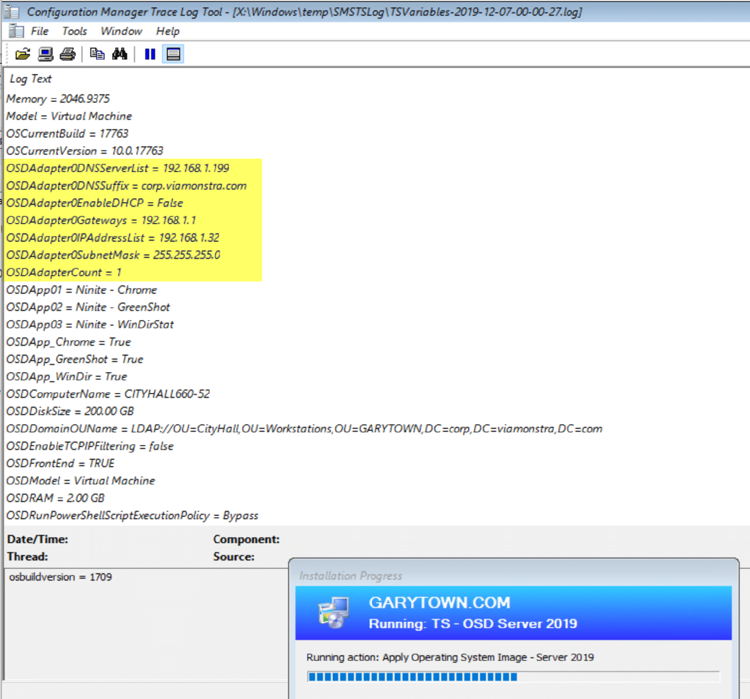 Confirmed the variables are set by dumping the variables and reading with cmtrace.