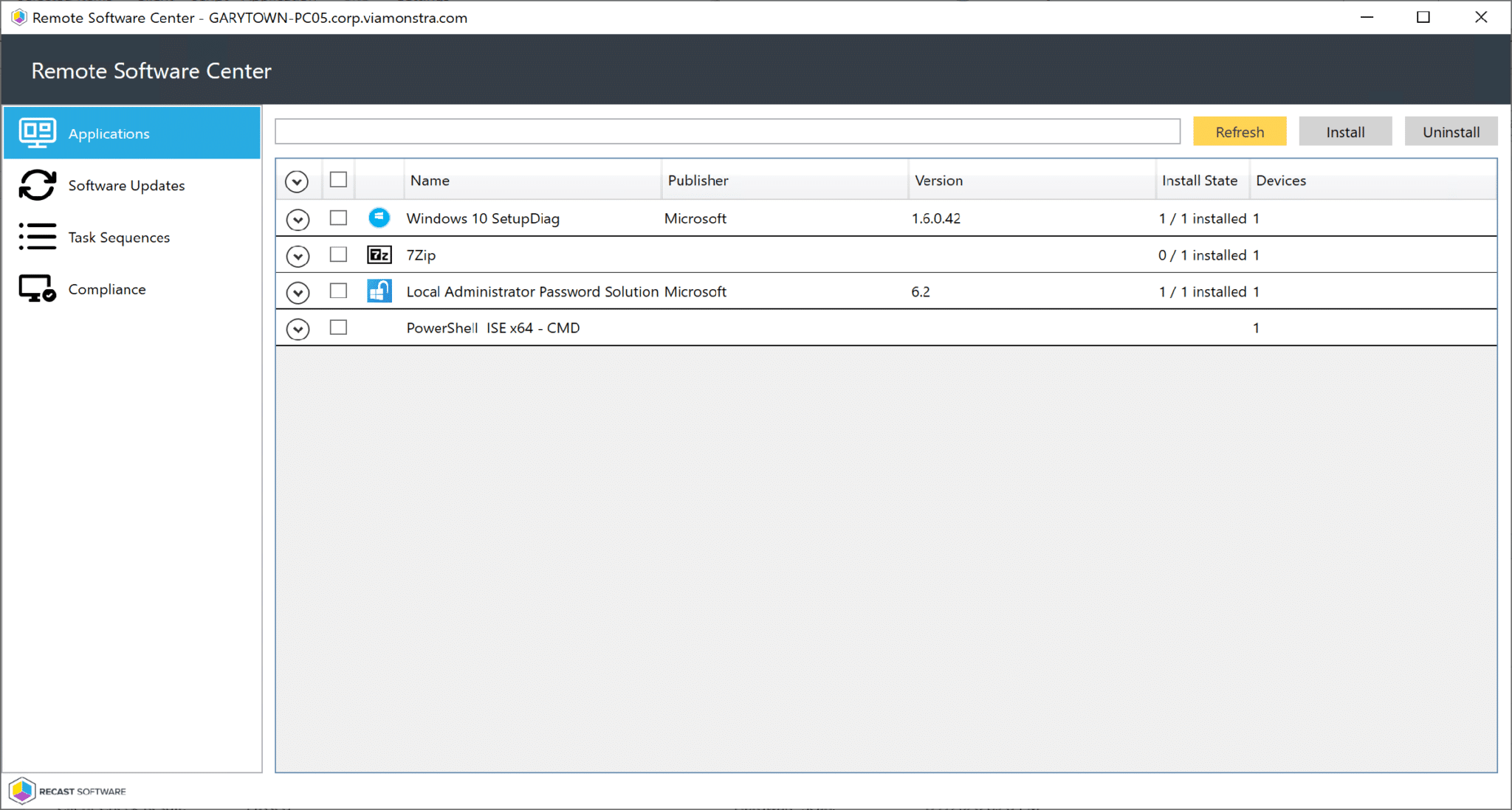 Remote Software Center Applications tab