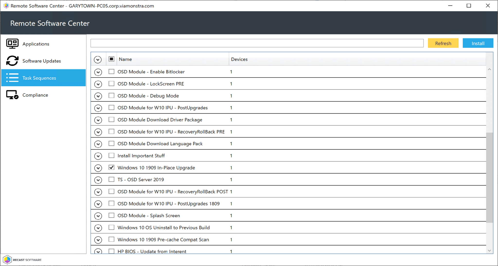 Remote Software Center Task Sequences Tab
