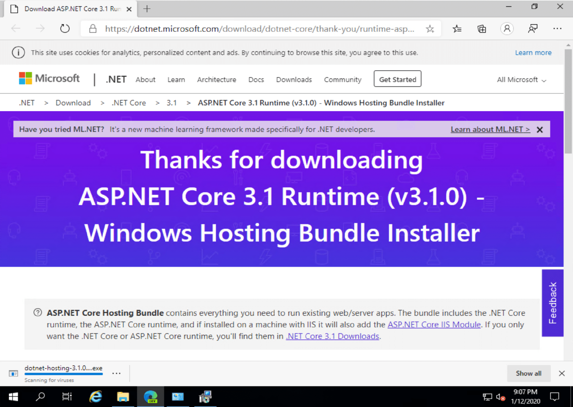 Start the download of the .Net Core 3.1.0 Windows Server Hosting