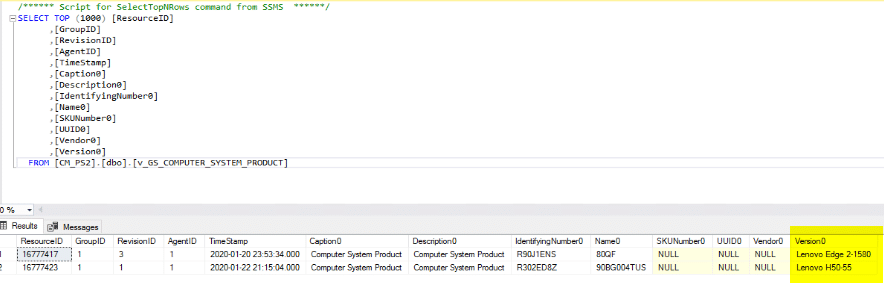 Query showing the additional data we are pulling from Lenovo Devices (Computer System Product)