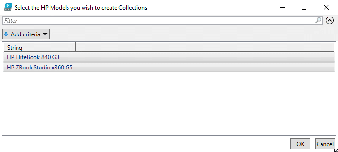 Select the HP Models you wish to create Collections