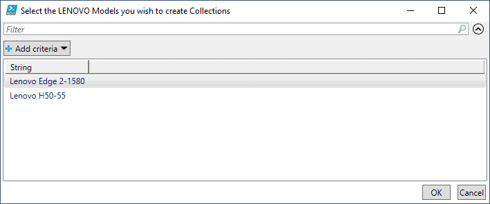 Select the LENOVO Models you wish to create Collections