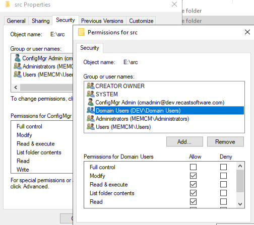 Permissions for SRC