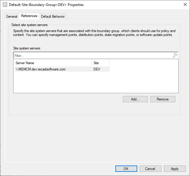 Default Site Boundary Group Properties