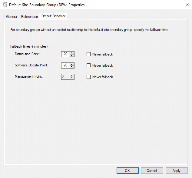 Default Site Boundary Group Properties