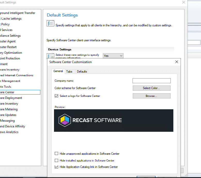 Software Center Default settings