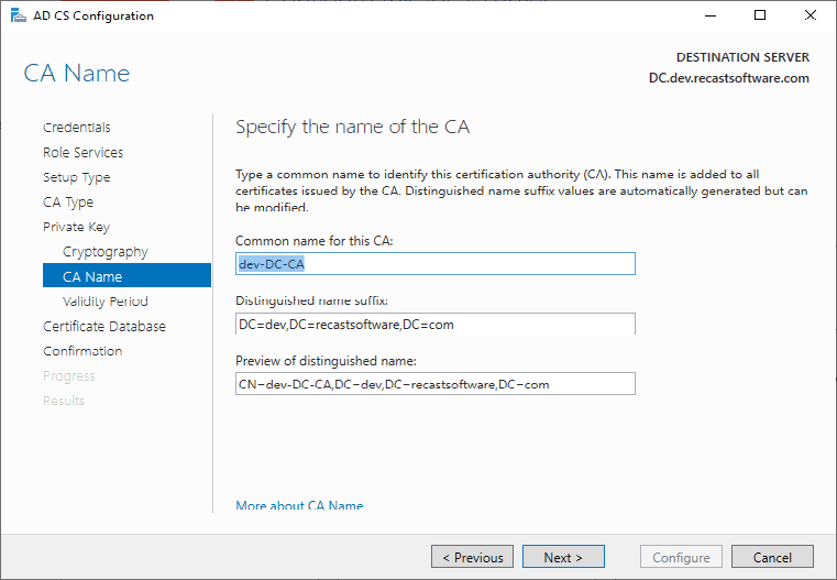 AD CS Configuration CA Name