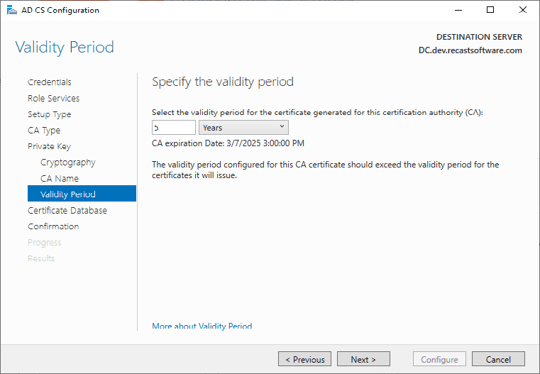 AD CS Configuration Validity Period