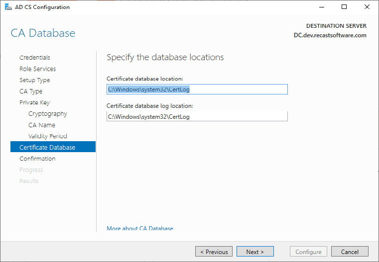 AD CA Configuration Certificate Database