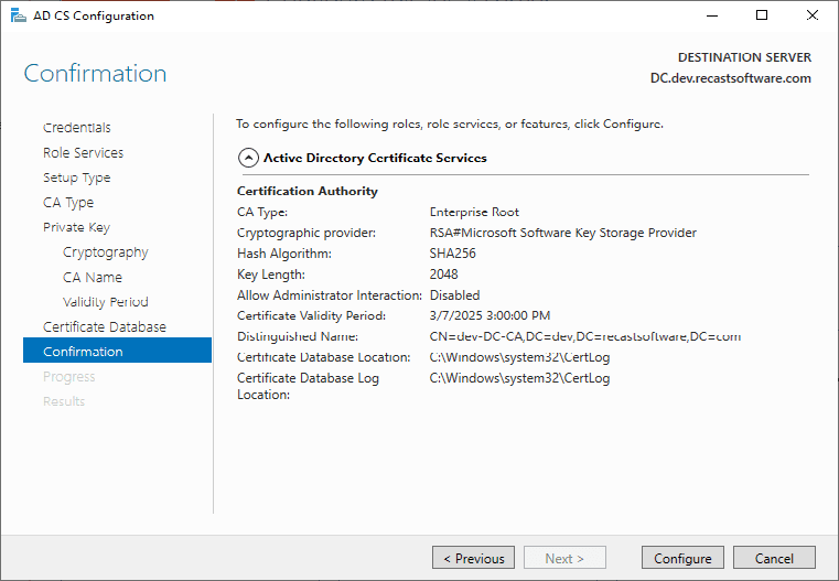 AD CS Configuration Confirmation