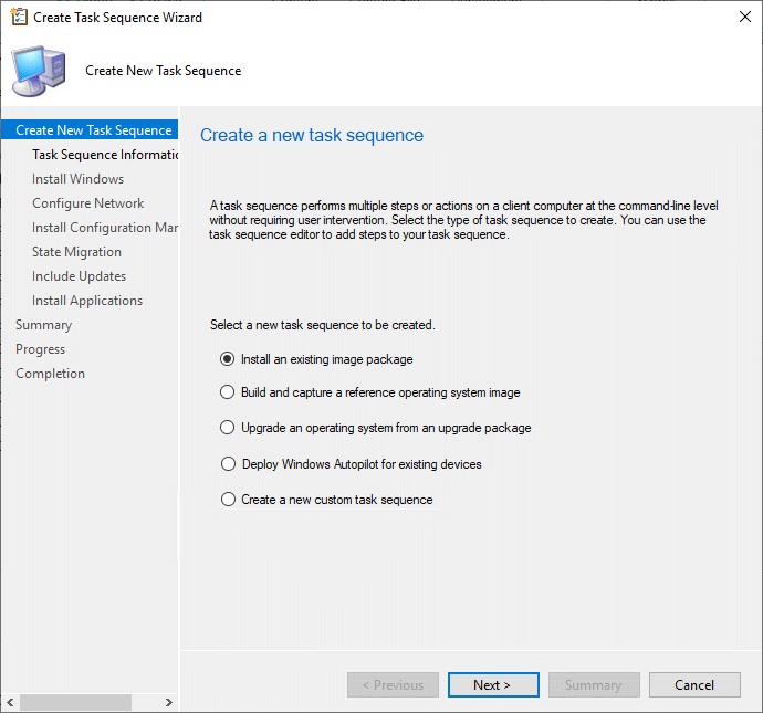 Create Task Sequence Wizard New Task