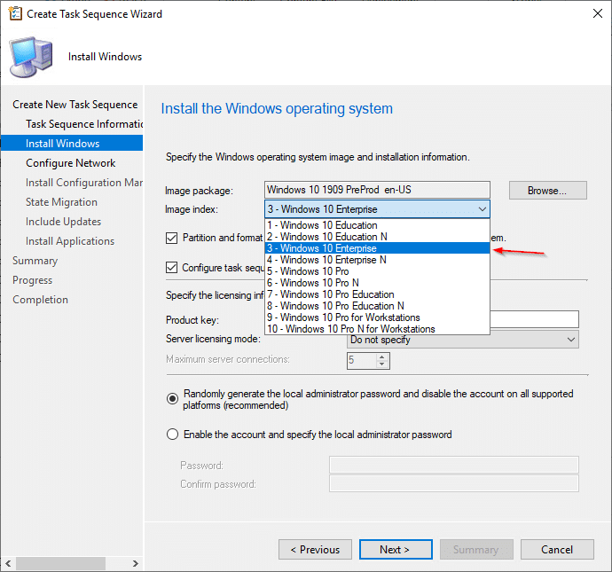 Creazione guidata sequenza di attività Installa Windows