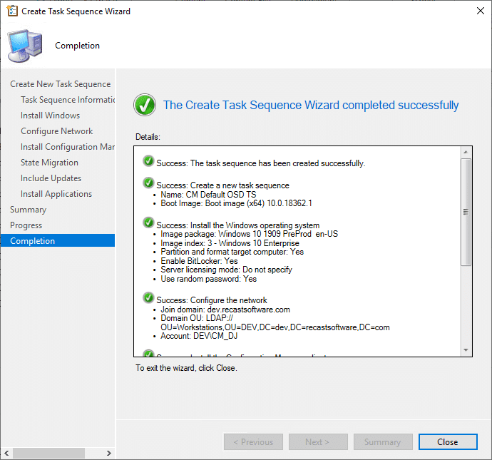 Create Task Sequence Wizard Compeltion