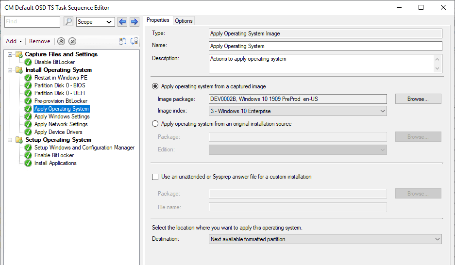 Task Sequence Editor Tillämpa operativsystem