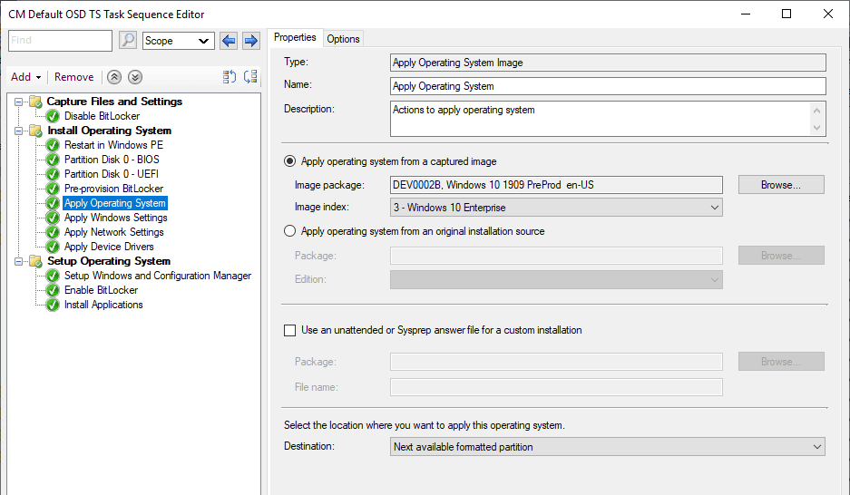 Task Sequence Editor Apply Operating System