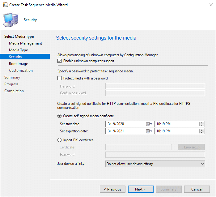 create Task Sequence Media Wizard Security