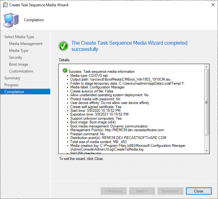 Create Task Sequence Media Wizard Completion