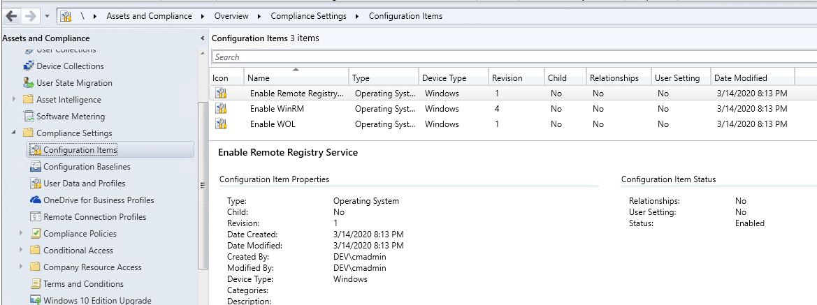 Compliance Settings Configuration Items